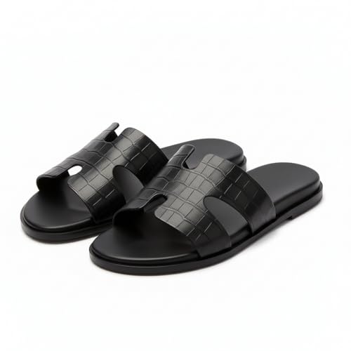 Image of Men Genuine Leather Slippers | Handcrafted Luxury Slides with Cushioned Sole & Anti-Slip Grip | Stylish Indoor Outdoor Footwear(BK)-(Series)-108