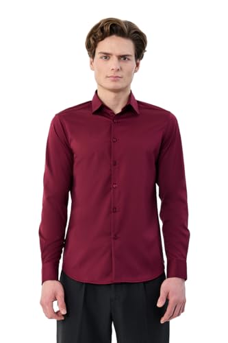 Image of SNITCH Men Formal Shirt | Tailored Slim Fit Full Sleeve Spread Collar Solid Style | Breathable Polyester Viscose Blend Twill Fabric for Office & Evening