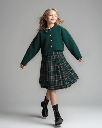 Image of PureChapter Girls' Preppy Clothes Plaid Vest Dress Cardigan Jacket Belt Cute Kids Clothes 7-14Y Green