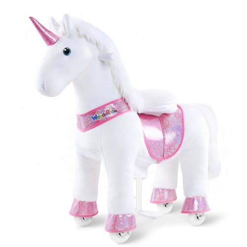 WondeRides Ride on Unicorn Horse Rider Pony Cycle Toy 30.1 Inch Height Riding Pony White Unicorn Toy Plush Rocking Mechanical Walking Animal with Wheels No Battery Size 3 for Kids 3-5 Years M332-1