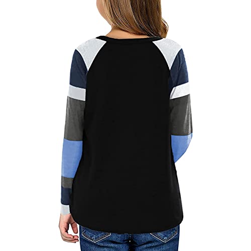 Girls Casual T-Shirt Long Sleeve Tee Tops Color Block Striped Crewneck Loose Tunic Blouse Kids Pullover(Black,10-11 Years), Blackf3