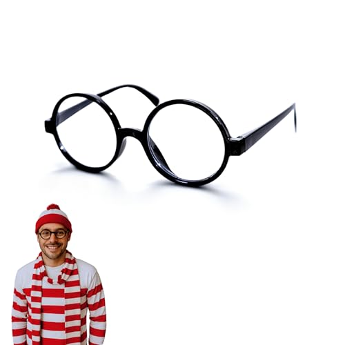 Wheres Waldo Costume Round Glasses for Men & Women - Fake Nerd Glasses Novelty Costume - Black Circle Cosplay Round Eyeglasses Disguise for Harry Potter, Minion, Scientist Character Outfit Accessory
