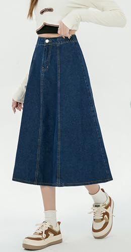chouyatou Women's High Elastic Waist Spring Midi Denim Skirt Casual A-Line Pleated Umbrella Jean Skirt4