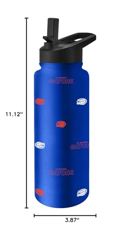 Image of Logo Brands NCAA Florida Gators Step & Repeat 34 oz Stainless Steel Quencher Bottle - All Over Logo Design, No-Spill Lid, Easy Carry Handle - Keeps Drinks Cold For Hours