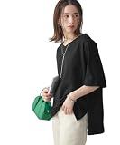 [ニッセン] Tシャツ カットソー レディース 綿１００％バスク折り返し5分袖Ｖネックトップス（UVカット） 大きいサイズ 黒 L~LL相当