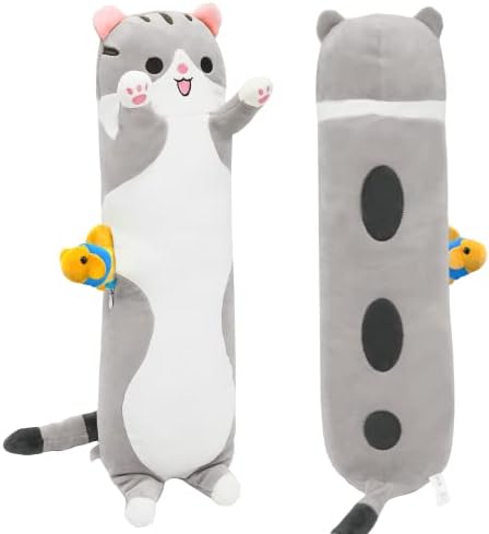 shownicer Plushies, Long Cat Plush Pillow with Kawaii Fish Plush Toy, Stuffed Animals, Cute Kitten Soft Toy, Cuddly Toy, Fluffy Doll Cushion Bed Sofa Chair, Hugging Pillow Gift for Kids Girls Boys