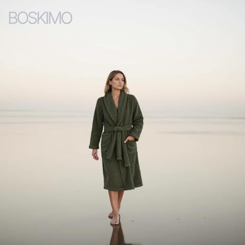 BOSKIMO Bademantel, Unisex, 100 % Baumwolle, Oeko-Tex, Bademantel für Damen und Herren, amerikanischer Frottee, 420 g/m², weich und sehr saugfähig, khaki-grün, S