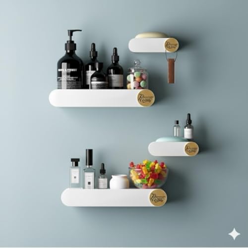 Image of RIOMAX Pack of 4 Bathroom Shelf for Wall, Self-Adhesive Bathroom Organiser, Wall Mounted Shelf, Kitchen Storage Racks, Soap Holder (Plastic, 2 Bathroom Shelves+ 2 Soap Holders) (White)