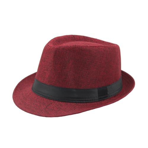 Mens Panama Fedora Hat Unisex Summer Sun Hat Short Brim Cuban Trilby Derby Jazz Cap Packable Beach Dad Hat, Red, Medium