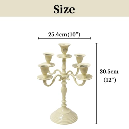 Image of 5 Arm Metal Candelabra Candle Stand | 12 Inch Tall Decorative Candlestick Holder for Dining Table, Living Room, Wedding & Home Decor (Ivory)