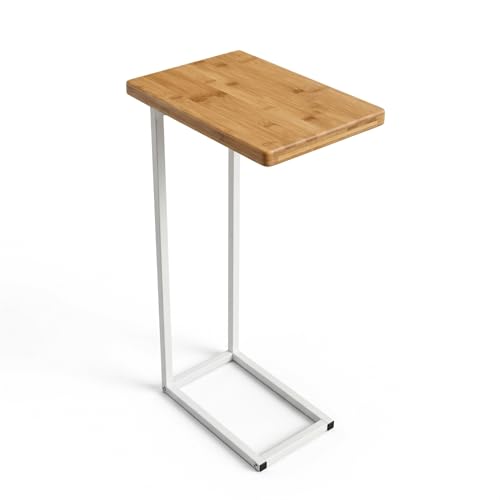bonVIVO Table d'appoint Donna Moderne - Acier Inoxydable et Bois Naturel avec Châssis en Acier Inoxydable Blanc