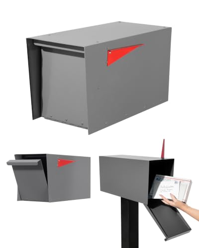 Image of Ilyapa Modern Mailbox for Post Mount - Gray with Gray Door Powder Coated Steel, Waterproof Letter Box for Parcels, with Recessed Magnetic Close Door