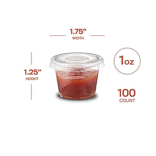 Image of Clear Disposable Plastic 1 Oz Portion Cups (100 Sets) - Condiment, Sauce, Dressing, Jello Shot Cups With Lids