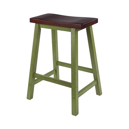 Image of Winsome Satori Saddle Seat 24In Counter Stool Rustic Green and Walnut Finish