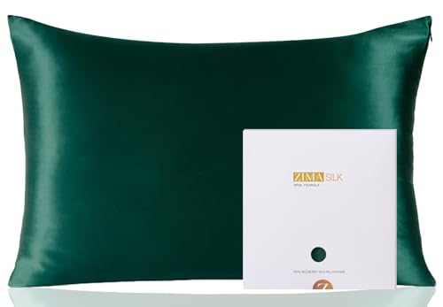 ZIMASILK 100% Pure Mulberry Silk Pillowcase for Hair and Skin Health,Soft and Smooth,Both Sides Premium Grade 6A Silk,600 Thread Count,with Hidden Zipper,1pc (Queen 20''x30'',Blackish Green)