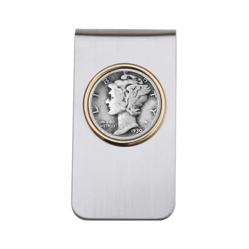 US 1930 Mercury Dime 90% Silver Average Circulated 10 Cent Coin Two Toned Stainless Steel Money Clip New