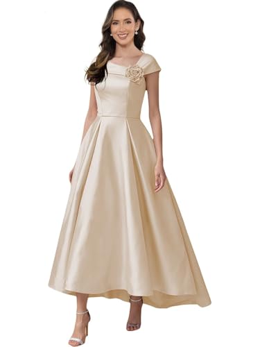 Satin A Line Mother of The Bride Dresses with Pockets Asymmetric Neck Hi-Low Tea Length Flower Formal Evening Gown