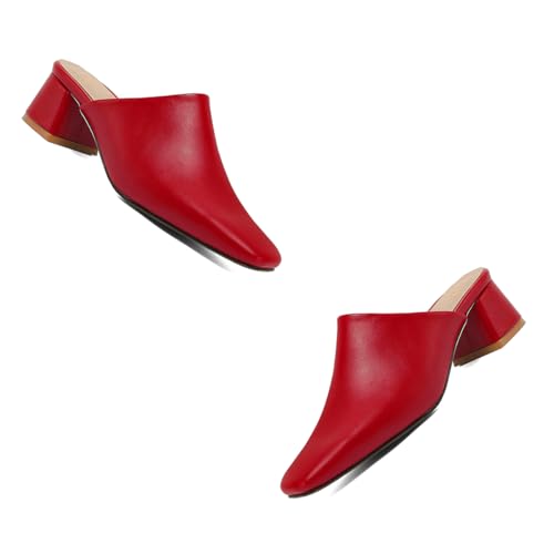 MOOMMO Women Chunky Heel Mules Red Closed Toe Square Toe