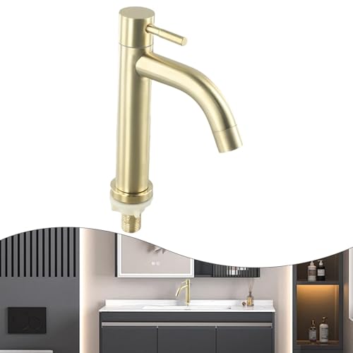 Lawnoval Grifo mezclador para lavabo de baño dorado cepillado con un solo mango, boquilla de cascada de acero inoxidable 304 para instalación de un solo agujero