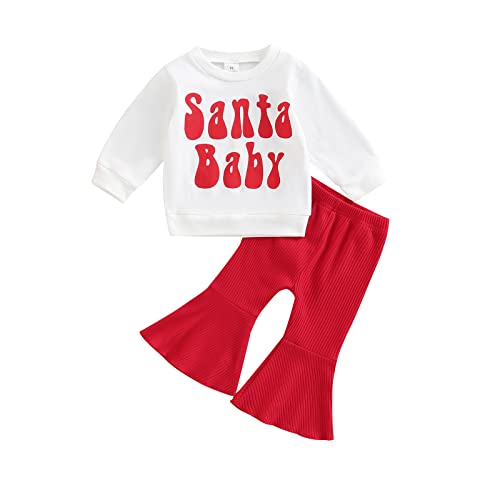 Tsnbre Newborn Baby Girl Christmas Outfit Santa Letter Printed Long Sleeve Sweatshirt Tops Bell Bottoms Pants Winter Clothes