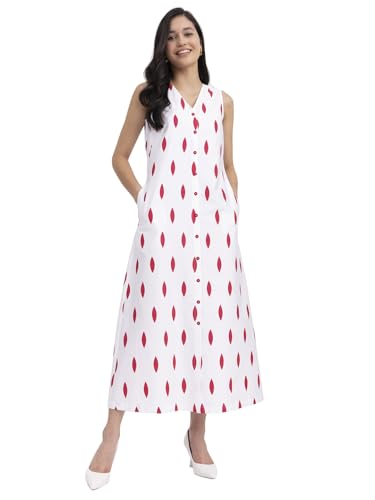 Image of FableStreet Women Casual Midi Cotton Button Down A-Line Dress | Button Down Flowly Dress Perfect for Outings