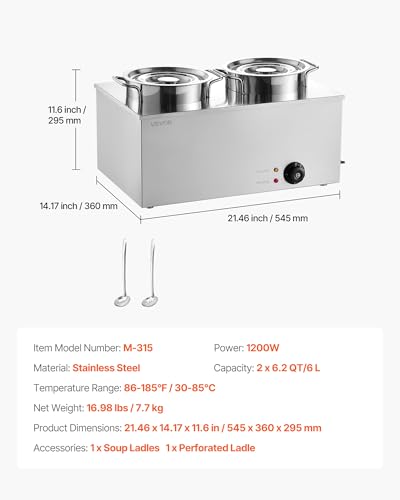 Image of VEVOR Electric Soup Warmer, Two 6.34QT Stainless Steel Round Pot with 86~185F Adjustable Temp, 1200W Commercial Bain Marie Compatible with Pans, Soup Station for Restaurant, Buffet