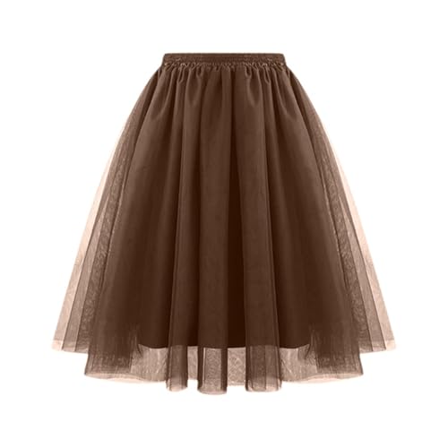 Falda plisada de malla con pretina, falda suave drapeada de longitud media, falda acampanada grande, café, XXL