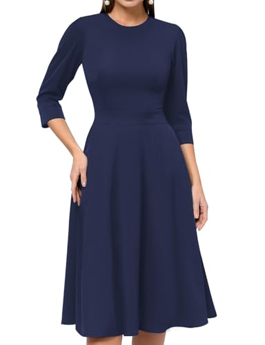 Image of Simple Flavor Womens Floral Vintage Midi Dress 3 /4 Sleeve | with pockets, Fit and flare aline, Knee-length, Church, Semi-formal, Wedding guest, Retro tea party & derby outfits