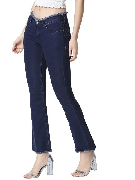 Image of HIGH Star Women Blue Bootcut Frayed Hems Stretchable Jeans