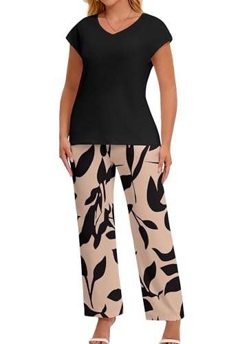 Pink Daisy Women‘s Casual 2 Piece Lounge Set Cap Sleeves V Neck Top Wide Leg Print Pants with Pockets Vacation Travel Daily4