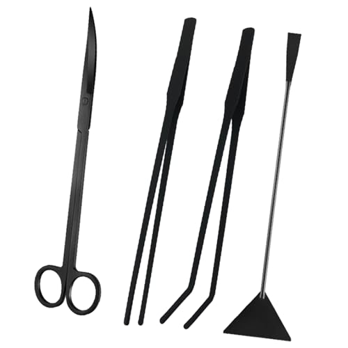 アクアスケープツールキット 4個セット ロングステンレススチール アクアリウムプラントツール 水槽ピンセット はさみ スクレーパー アクアスケープクリーニング用 ブラック防錆コーティング