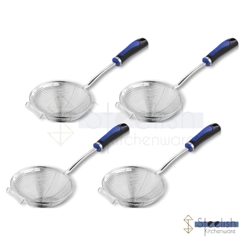 Image of Stainless Steel Jhara for Frying Big Size | Deep Fry Mesh Skimmer Spoon for Frying | Wire Skimmer, Puri Strainer, Cooking Oil Strainer for Kitchen, Durable Long Blue Handle - 16CM, Pack of 4