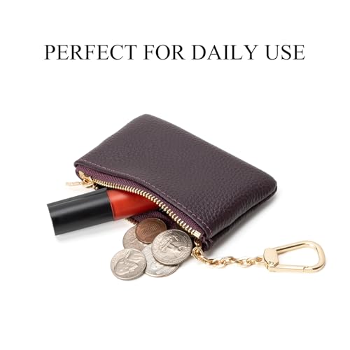 Image of Full Grain Leather Coin Purse with Key Chain - Small Change Purse Keychain Card Holder Keychain Pouch Small Keychain Wallet for Women and Men (Eggplant Purple)