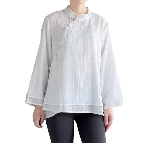 Minibee Women's 3/4 Length Sleeve Tops Cotton Linen Button Down Shirts Chinese Frog Casual Blouses