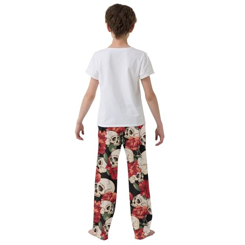 Skull Red Flowers Boys Long Pants Soft Trousers Elastic Waist Kids Lounge Bottoms with Pockets S-XL3