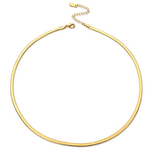 ASELFAD 14k Gold Plated Dainty Herringbone Necklace 4mm Thin Flat Snake Chain Necklace Fashion Simple Gold Chain Choker Necklaces for Women 15