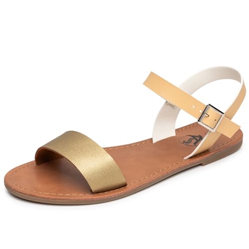 Image of Trary Women's Dressy Summer Leather Flat Ankle Strap Gladiator Open Toe One Band Two Tone Adjustable Metal Buckle Comfortable Wedding Sandals