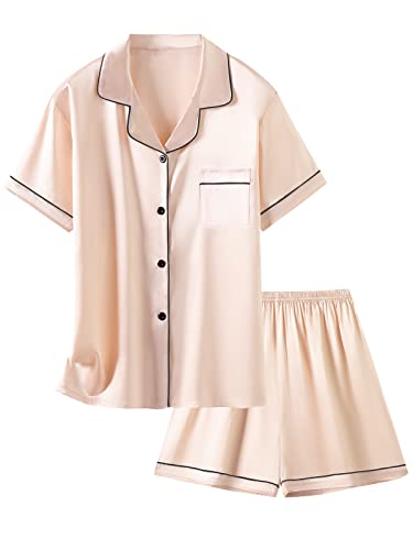 Image of Schbbbta Girls Womens Pajamas, Satin Silky Pjs Set Kids 2Pcs Button-Down Nightwear Sleepwear Gift for Mommy and me