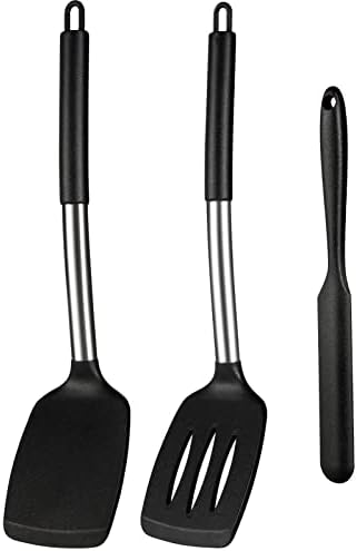 3 Pack Silicone Spatulas, Solid & Slotted Turner Spatula Set for Nonstick Cookware, High Heat Resistant BPA Free Rubber Kitchen Cooking Utensils, Idea for cooking Fish, eggs, steak, Baking - Black