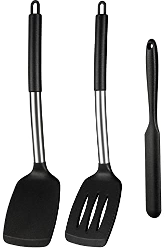 3 Pack Silicone Spatulas, Solid & Slotted Turner Spatula Set For Nonstick Cookware, High Heat Resistant Bpa Free Rubber Kitchen Cooking Utensils, Idea For Cooking Fish, Eggs, Steak, Baking - Black #TOP3