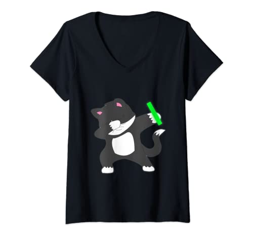 Femme Cadeau de musique Dabbing Kitty Rave Dance Party T-Shirt avec Col en V