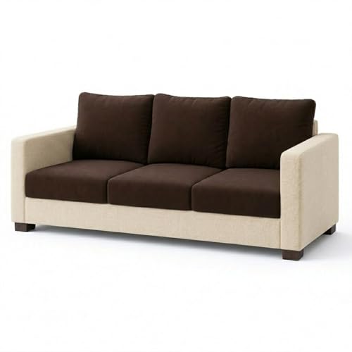 Image of FURNY Haster 3 Seater Fabric Sofa Set (Cream-Dark Brown) with Velvet Finish | Durable Comfort | Ideal for Living Room