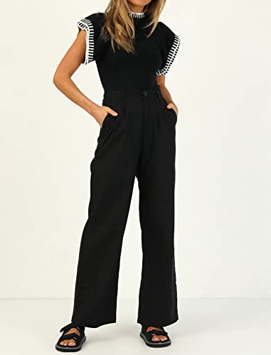 Meladyan Women Ruffle Sleeve Knit Sweater Top Stripe Round Neck Slim Fitted Ribbed Hem Elegant Knitted Pullover Jumper Black #TOP1