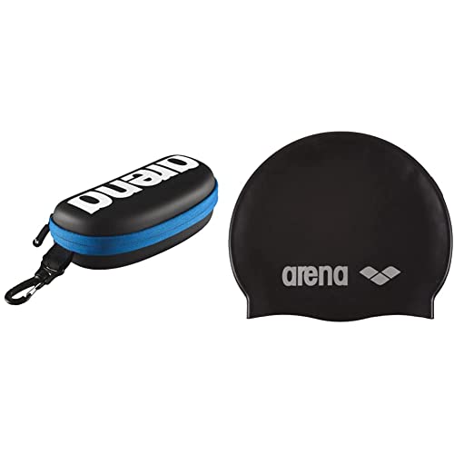 arena unisex swim cap classic silicone (reinforced edge, less slipping of the cap, soft), black-silver (55), one size & Case for Swimming Goggles – Black/White/Royal Blue