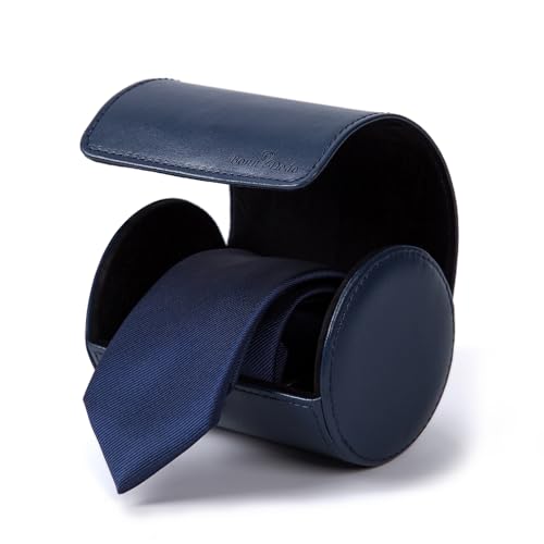 Tie Box for Men s PU Ties case Necktie Organize Cylinder Leather Mens Storage Portable Tie Roll for Travel Business Gifts (Dark Blue)