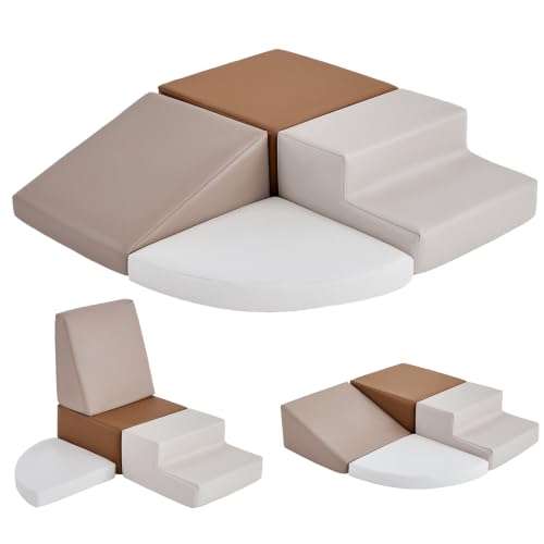 Image of Sumbababy Toddler Climbing Toys Indoor 4 Piece Leather Foam Climbing Blocks for Babies Easy Clean Soft Play Set for Crawling Climbing and Sliding Nursery Playroom Living Room Neutral