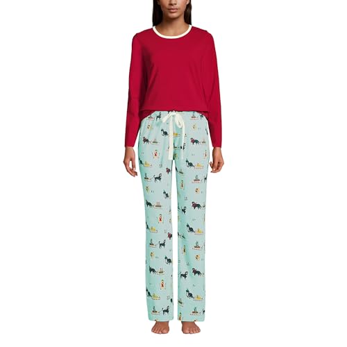 Lands' End Women's Long Sleeve Knit Sleep Set Aqua Breeze Dogs And Cat Petite Large