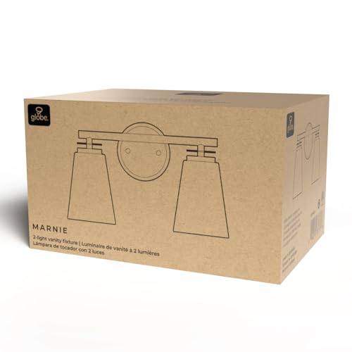 Image of Globe Electric 2-Light Vanity Light, Matte Black, Frosted Glass Shades, Matte Brass Accents