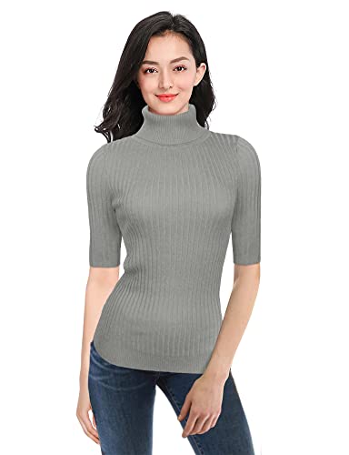 Image of v28 Women Turtleneck 1 /2 Half Sleeve Highly Stretchy Ribbed Knit Fitted Sweater
