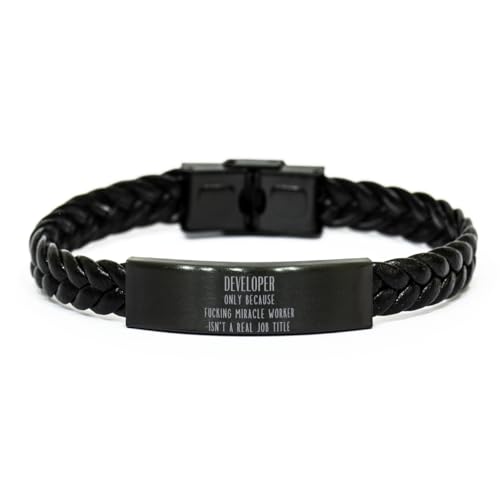 Coworker Developer Braided Leather Bracelet Developer Only Because Fucking Miracle Worker Isn't a Real Job Title, Adjustable Developer Christmas Birthday Engraved Gifts for Colleague